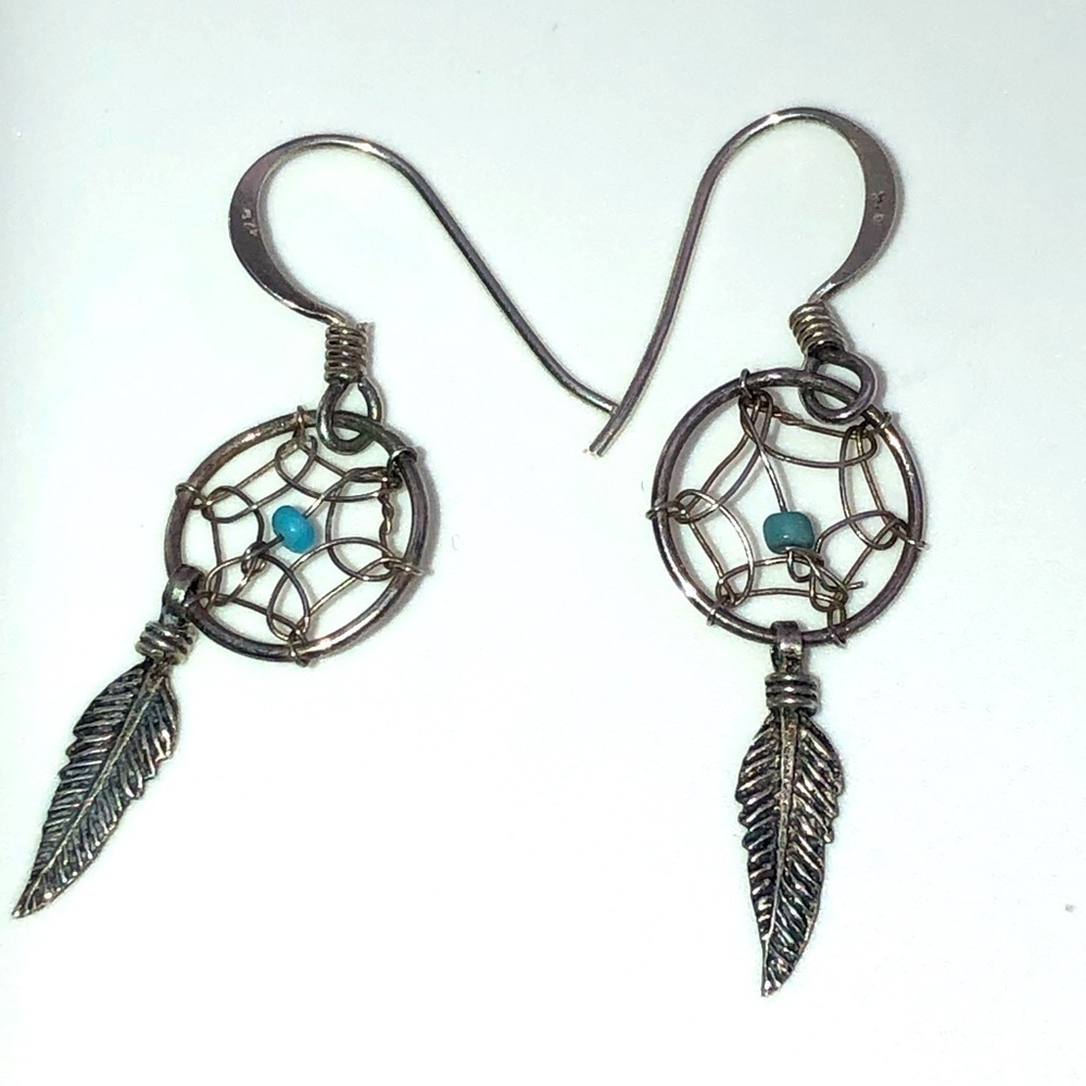 VTG Sterling & Turquoise Accent Dream Catcher Earrings - 1.5”